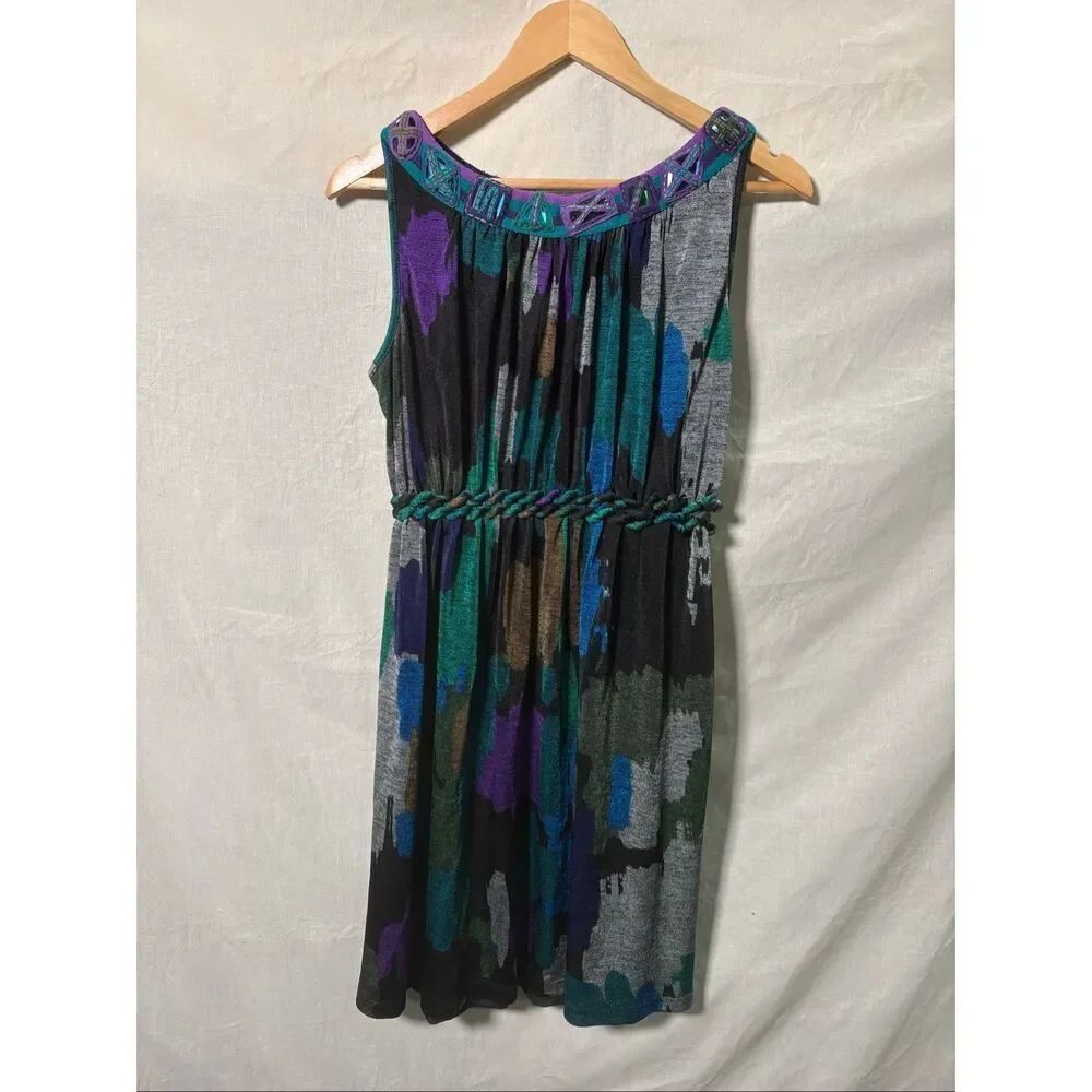 Anthropologie Ranna Gill Dress L Black Sleeveless Braided Jeweled Lined Mini